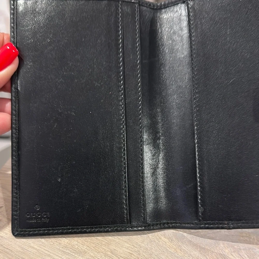 Gucci Pre Owned Black Canvas Monogram Wallet with inside Leather & Trim.